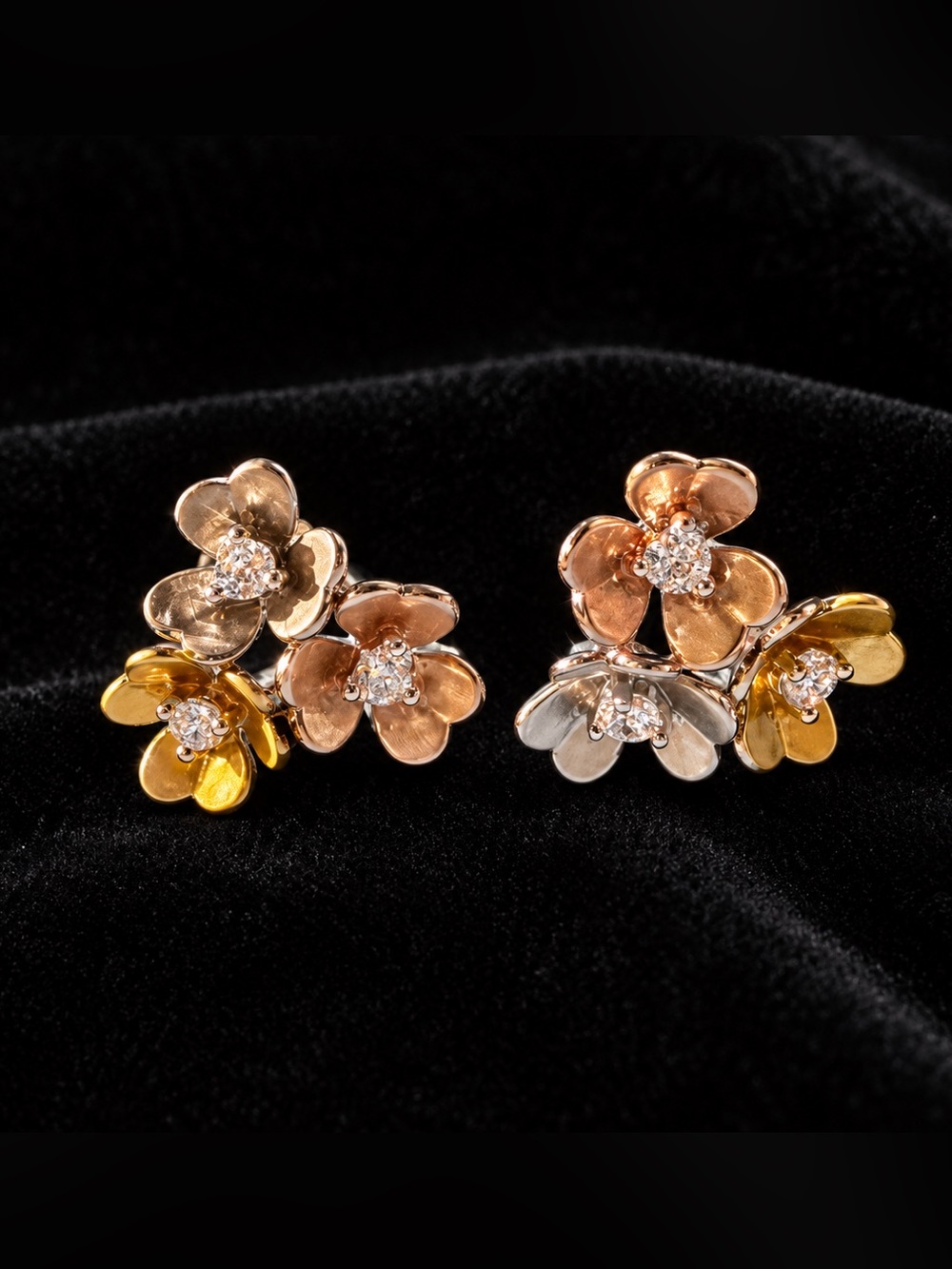 Tri-Tone Floral Cluster Earrings - Gold, Rose & Silver with Clear Rhinestones